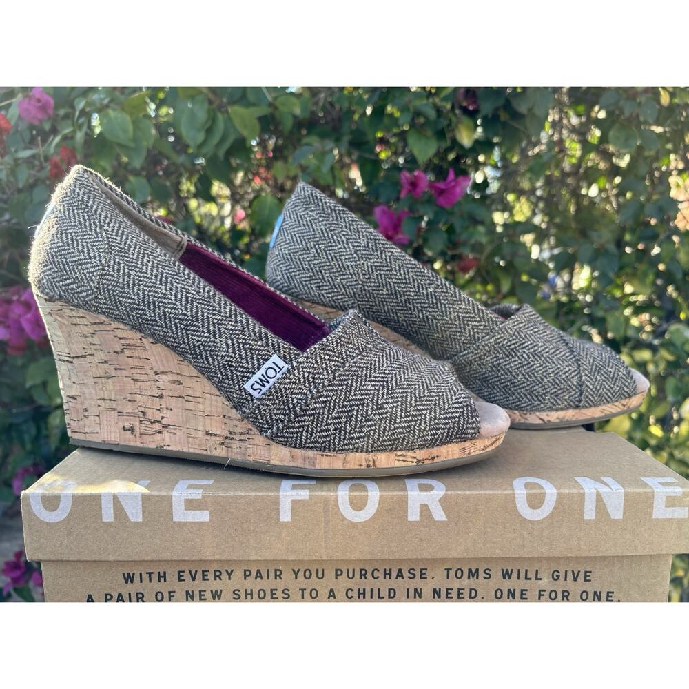 TOMS Canvas Wedge Cork Heel Open Peep Toe Shoes Grey Sz 8.5 - Picture 5 of 11